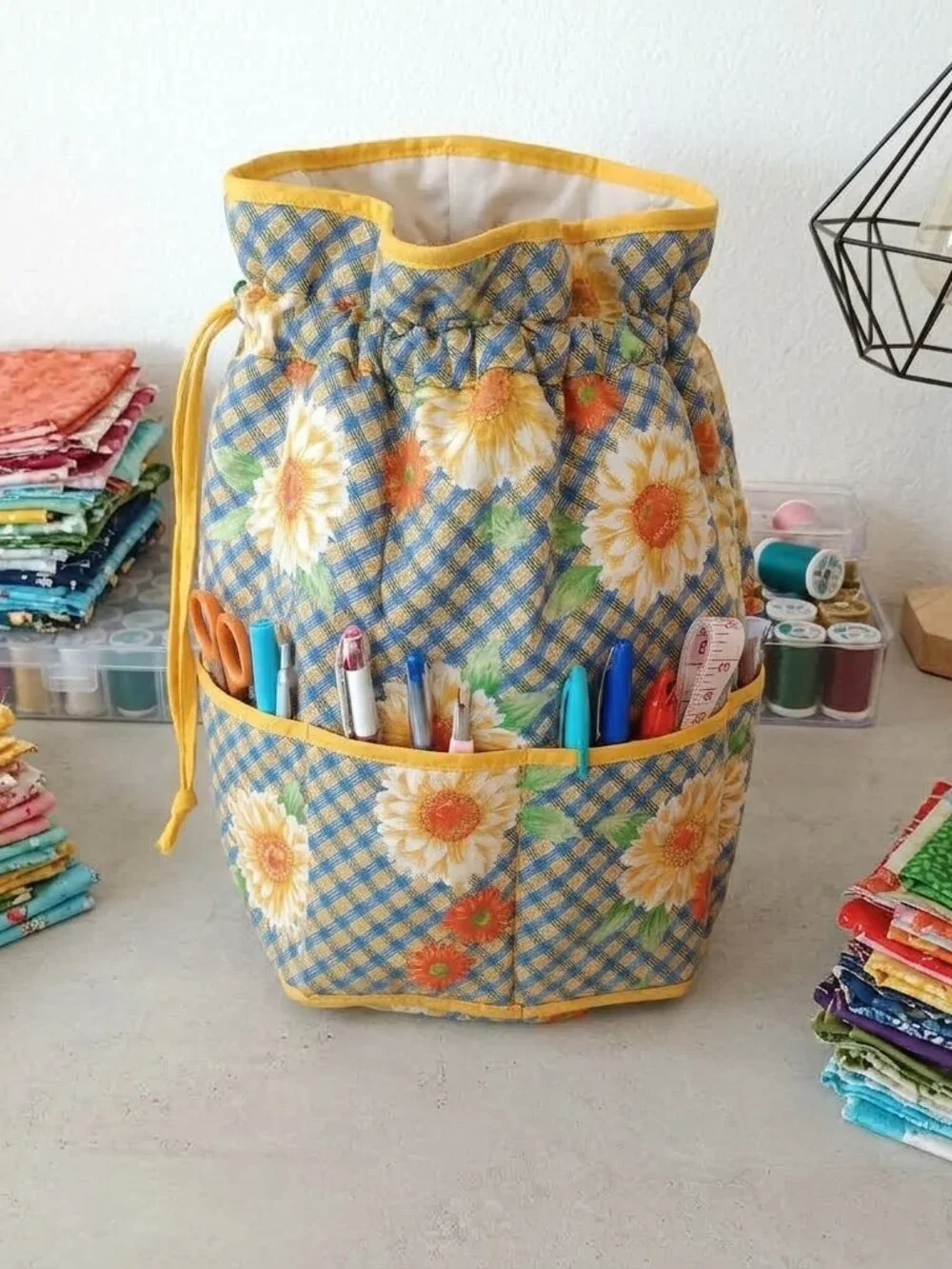 Cotton Quilt Tools Bag 8 Outside Pockets Drawstring Multi-function Sunflower Yel